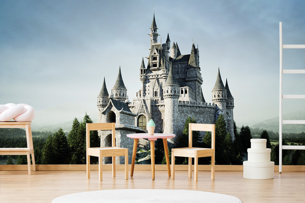 Papier peint photo - Château imposant avec des tours dans un paysage de forêt dense devant un ciel clair