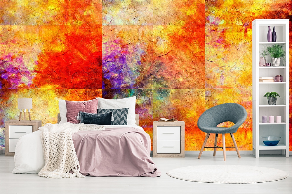 Papier peint photo - chambre à coucher avec mur abstrait coloré et décoration élégante