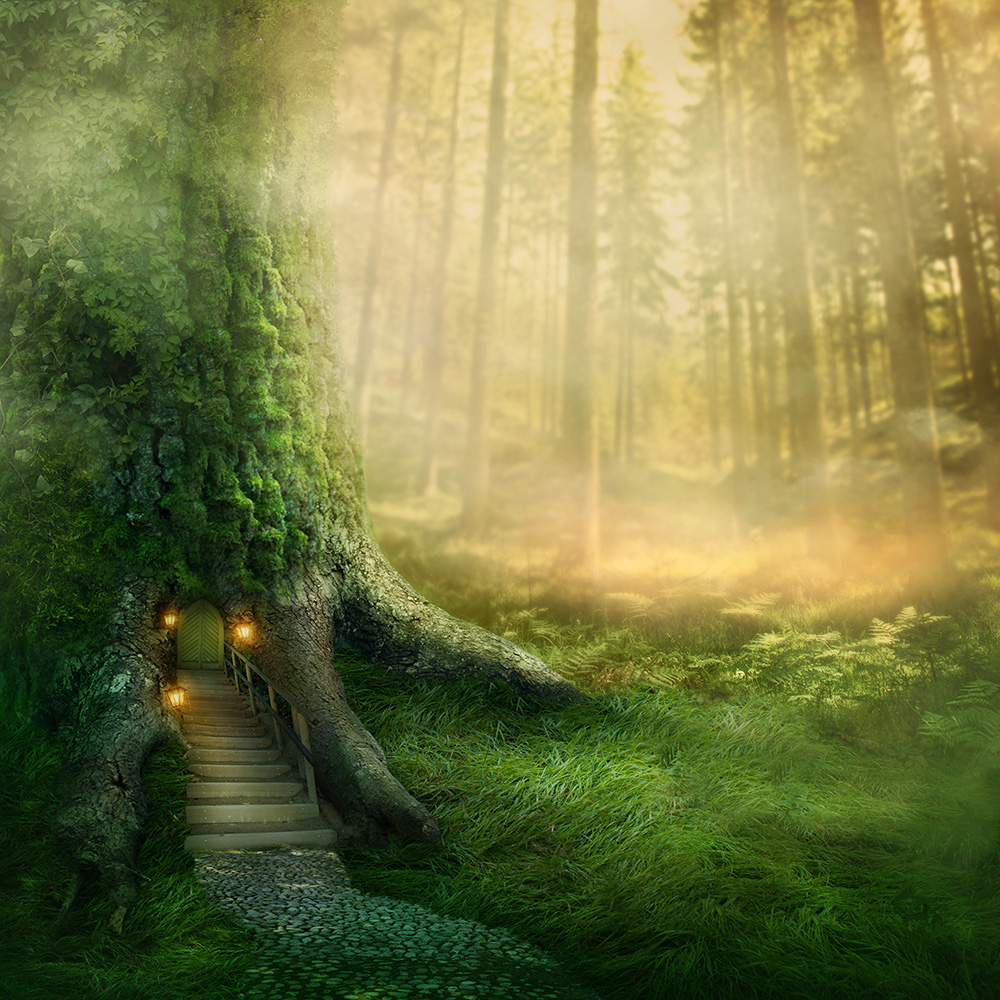 Papier peint photo - Scène romantique d'une forêt avec une entrée éclairée par des lanternes dans un grand arbre moussu