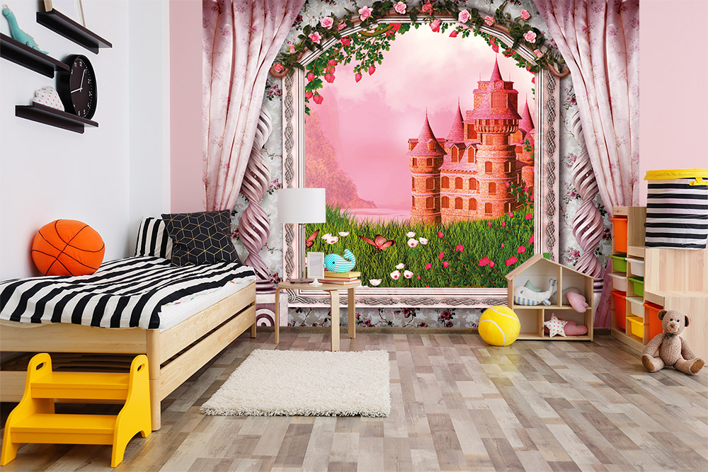 Papier peint photo - chambre d'enfant avec château féerique et jardin fleuri sur papier peint photo, entouré de décorations ludiques