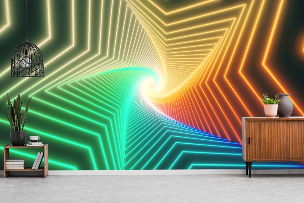 Papier peint photo - Décoration moderne avec des lignes en spirale colorées et lumineuses sur le mur
