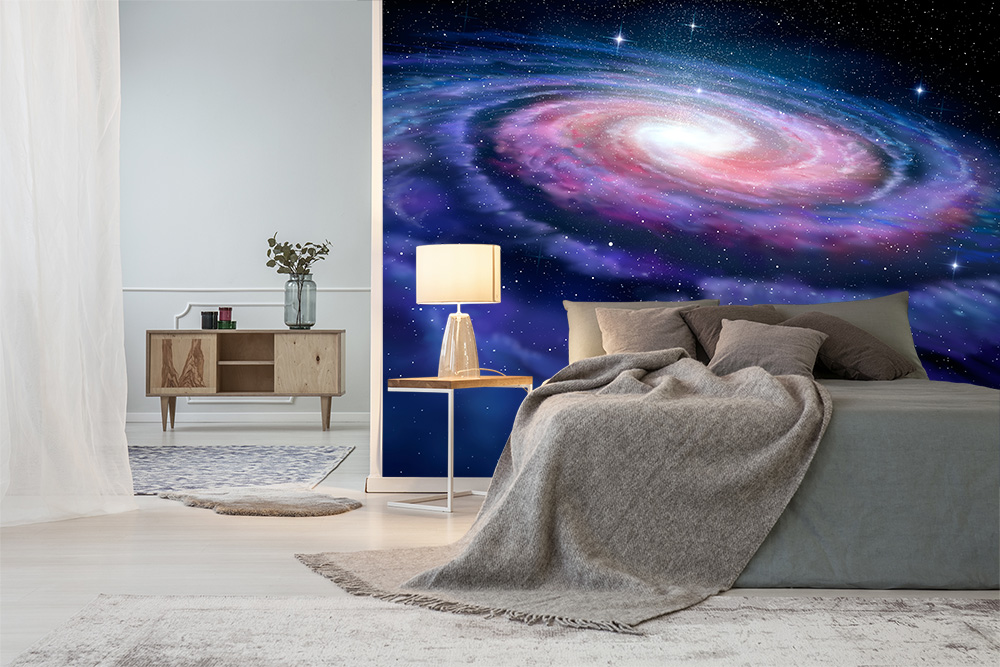 Papier peint photo - chambre à coucher avec une décoration murale impressionnante d'images de galaxies