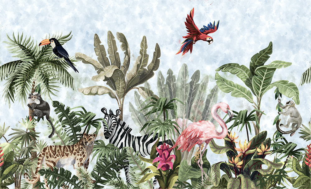 Papier peint photo - Illustrations d'animaux exotiques dans la jungle avec une végétation luxuriante et des oiseaux