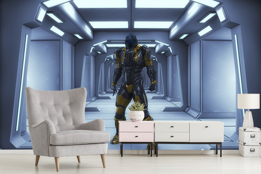 Papier peint photo - Une pièce futuriste avec un robot humanoïde qui descend un couloir moderne et éclairé, en contraste avec une pièce confortablement meublée avec un fauteuil.