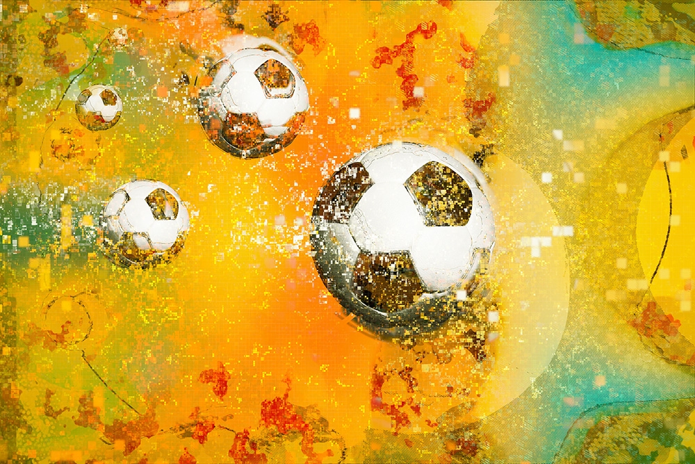 Papier peint photo - Œuvre d'art numérique avec des ballons de foot flottant sur un fond coloré